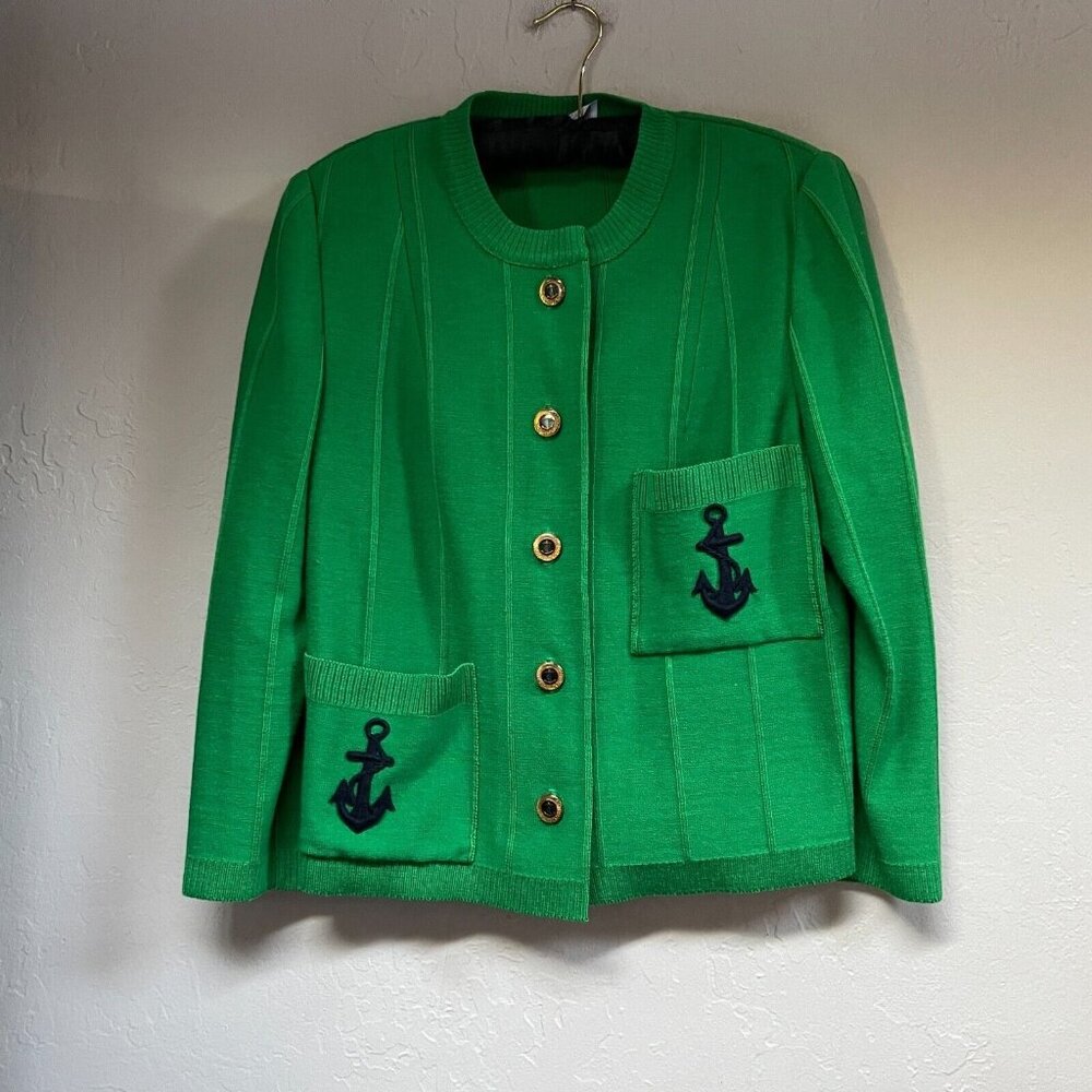 Vintage Gabriella Designs Womens Cardigan Sweater Anchor Embroidered Wool Green